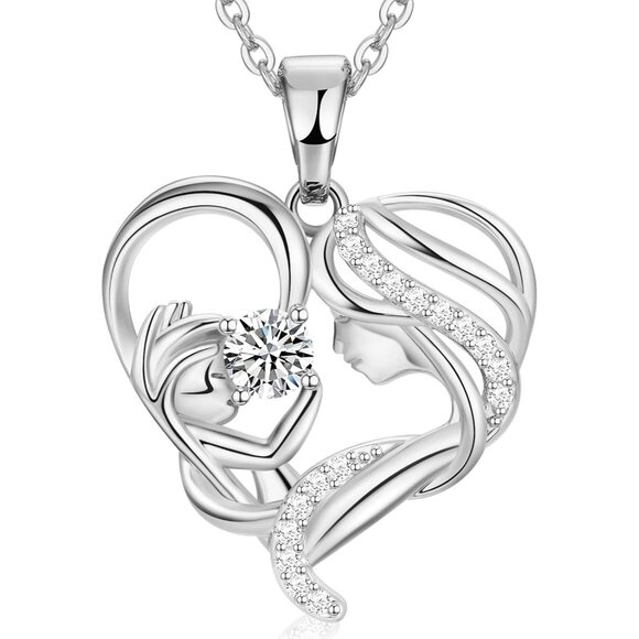 Mother Daughter Silver Heart Pendant Necklace with Birthstones for Women